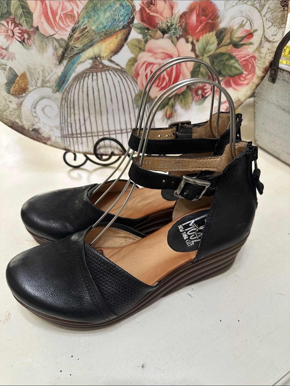 Miz Mooz Black Wedges Ankle Wrap size 40